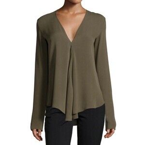 Theory Size Small Cedar Green Silk Meniph Long Sleeve V Neck Blouse